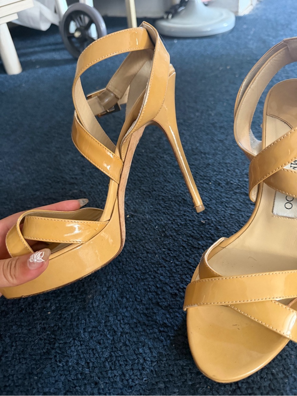 Jimmy Choo Patent Crisscross Stiletto Sandals in Mustard Yellow